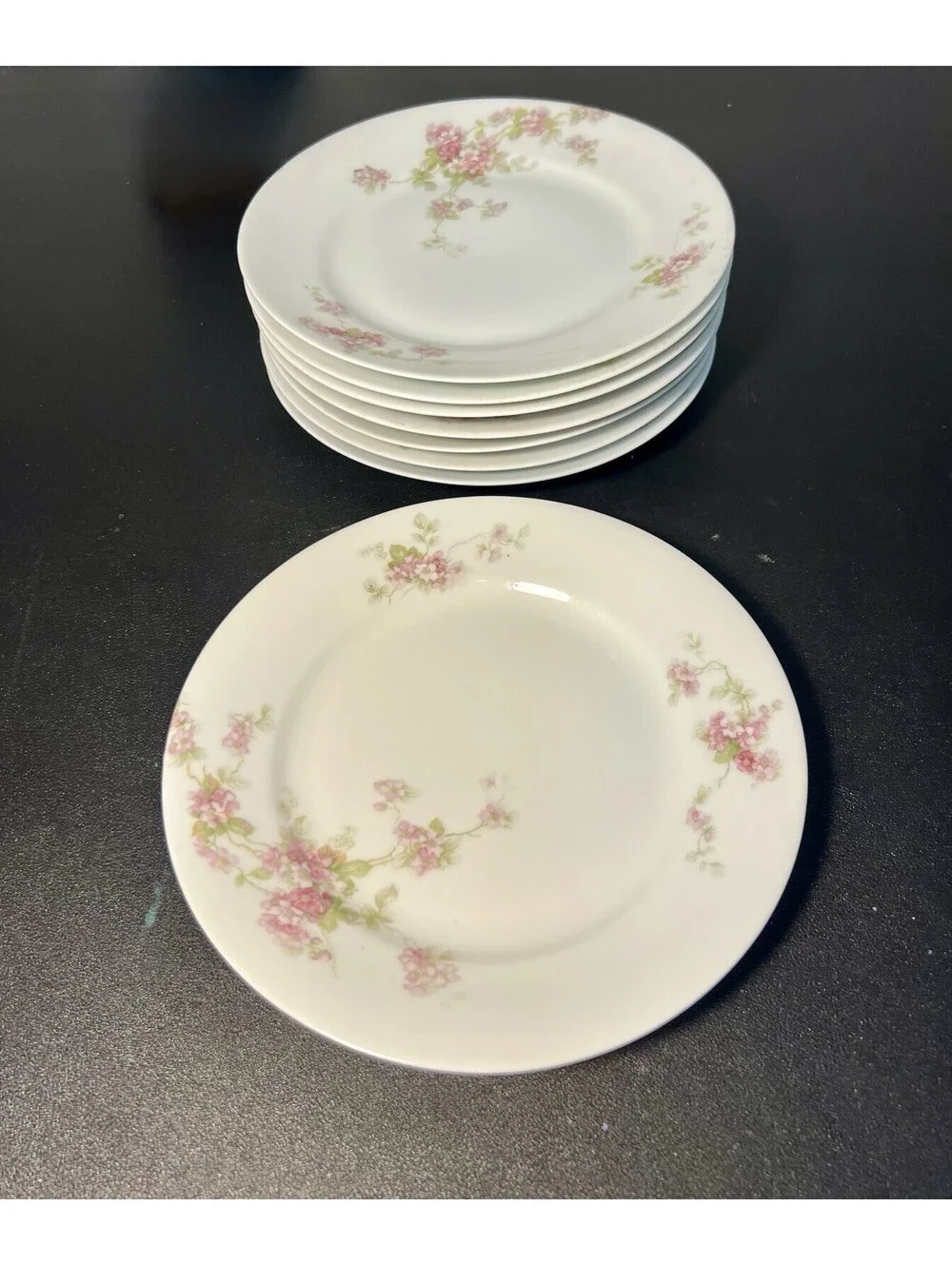O&EG Royal Austria 1900s Pink Floral Porcelain Set of 8 Salad Luncheon Plates 8”